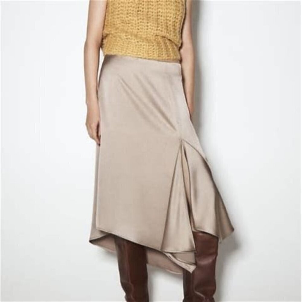 NWT!!! Zara Elegant A-Line Satin Effect Midi Skirt - Champagne Size Small